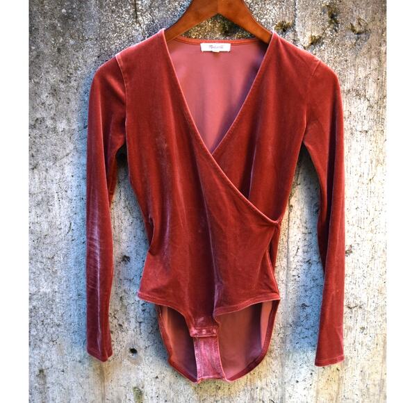 Madewell Velvet Wrap Bodysuit XXS Rust Orange Long Sleeve - Picture 1 of 3